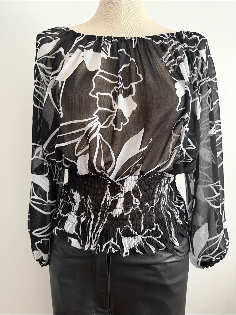 Suzy Shier- Black and White Floral Blouse - Top